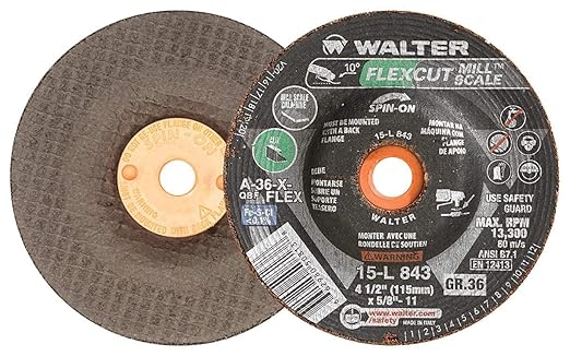 Walter Flexcut Mill Scale Premium Performance Flexible Grinding Wheel Threaded Hole Aluminum Oxide 4-1/2 Diameter 3/16 Thick 5/8 -11 Arbor Grit A-36-FLEX (Pack of 25)