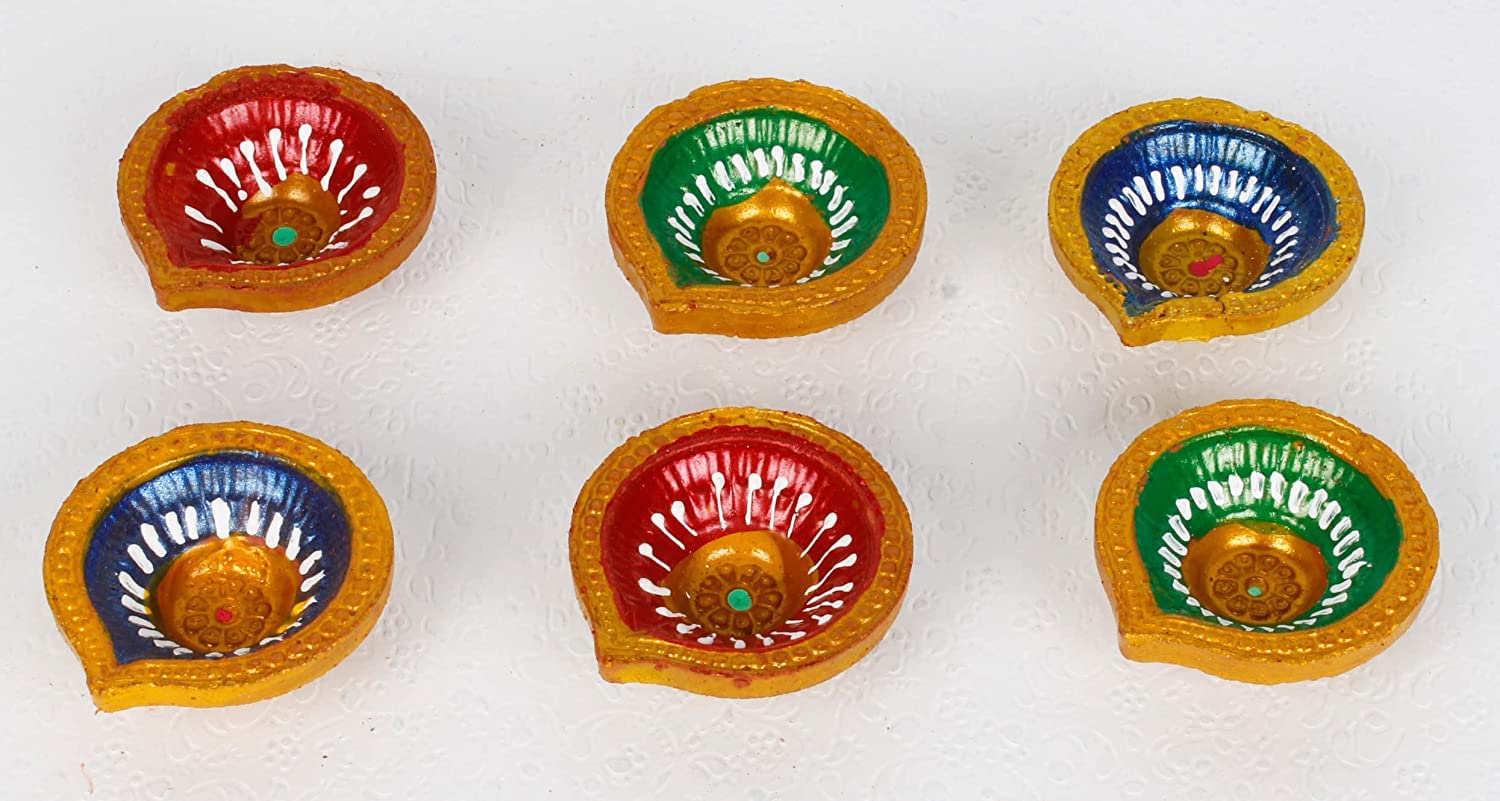 Pound Veg Set of 6 Handmade terractor Diwali Diya Multicolour Oil Lamps for Pooja Deepak Decoration Rangoli Diva Deepam Decorative Lighting Accessories Traditional Indian Festival Decor - Image 2