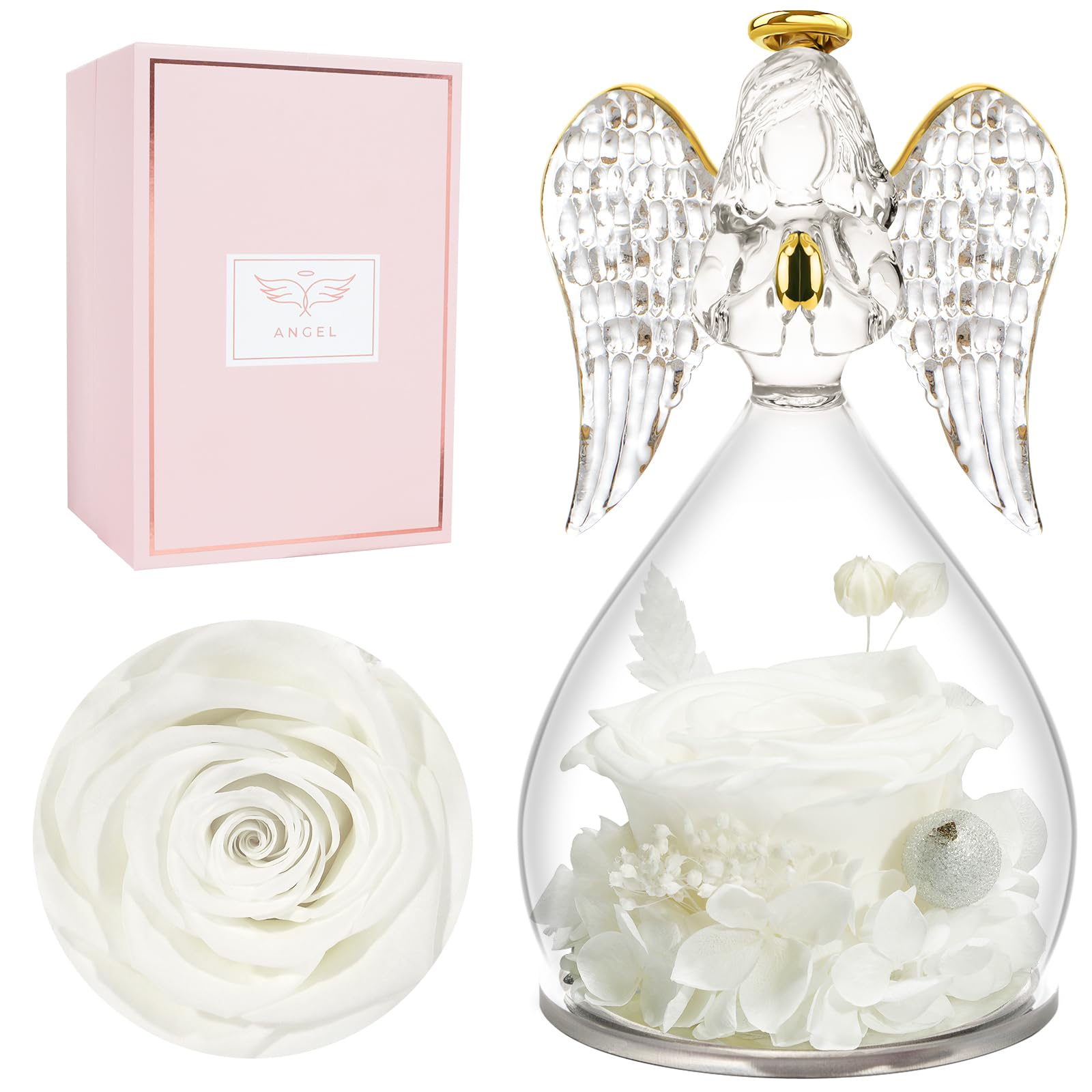Miofula Gifts for Mom Birthday Gifts for Women, Preserved Flowers Rose in Glass Angel Figurines, Fresh Flowers for Delivery Anniversary Forever Real Roses Gifts for Mothers Grandma Her Wife Girlfriend