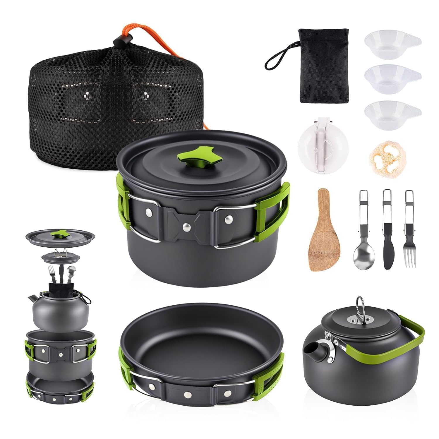 Camping Cookware Set with Pot Pan & Kettle | Portable Aluminium Mess Kit for Hiking Trekking Picnic Backpacking Outdoor Cooking | Lightweight Travel Cooking Set with Storage Bag-image-47