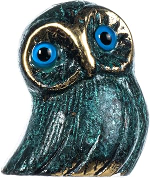 BEAUTIFUL GREEK STATUES Owl of Athens Wisdom Solid Bronze Handmade Miniature Green-Gold 2 Inches
