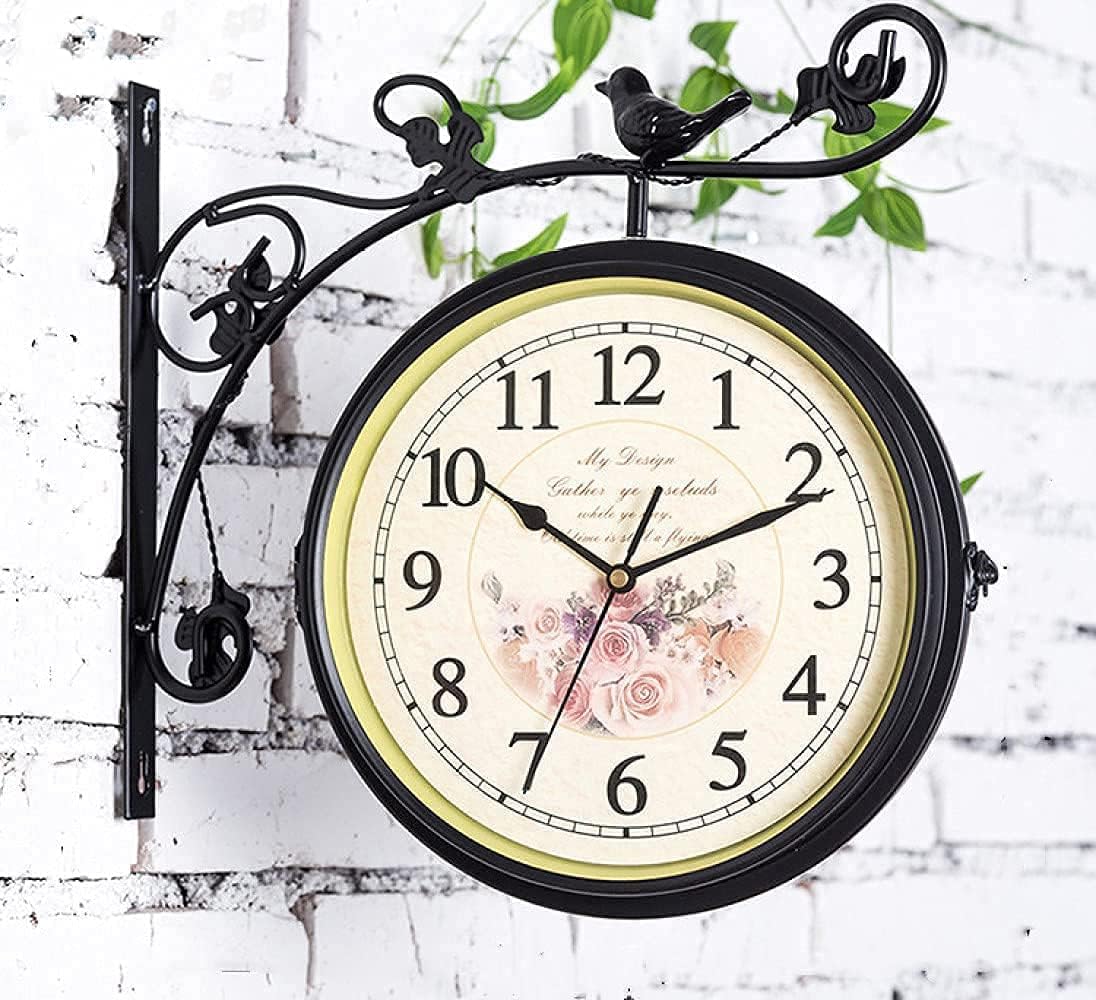 Double Sided Wall Clock, Outdoor Garden Clock Train Station Clock Vintage Wall Mounted Clock Outdoor Garden ，Silent Bell Sided