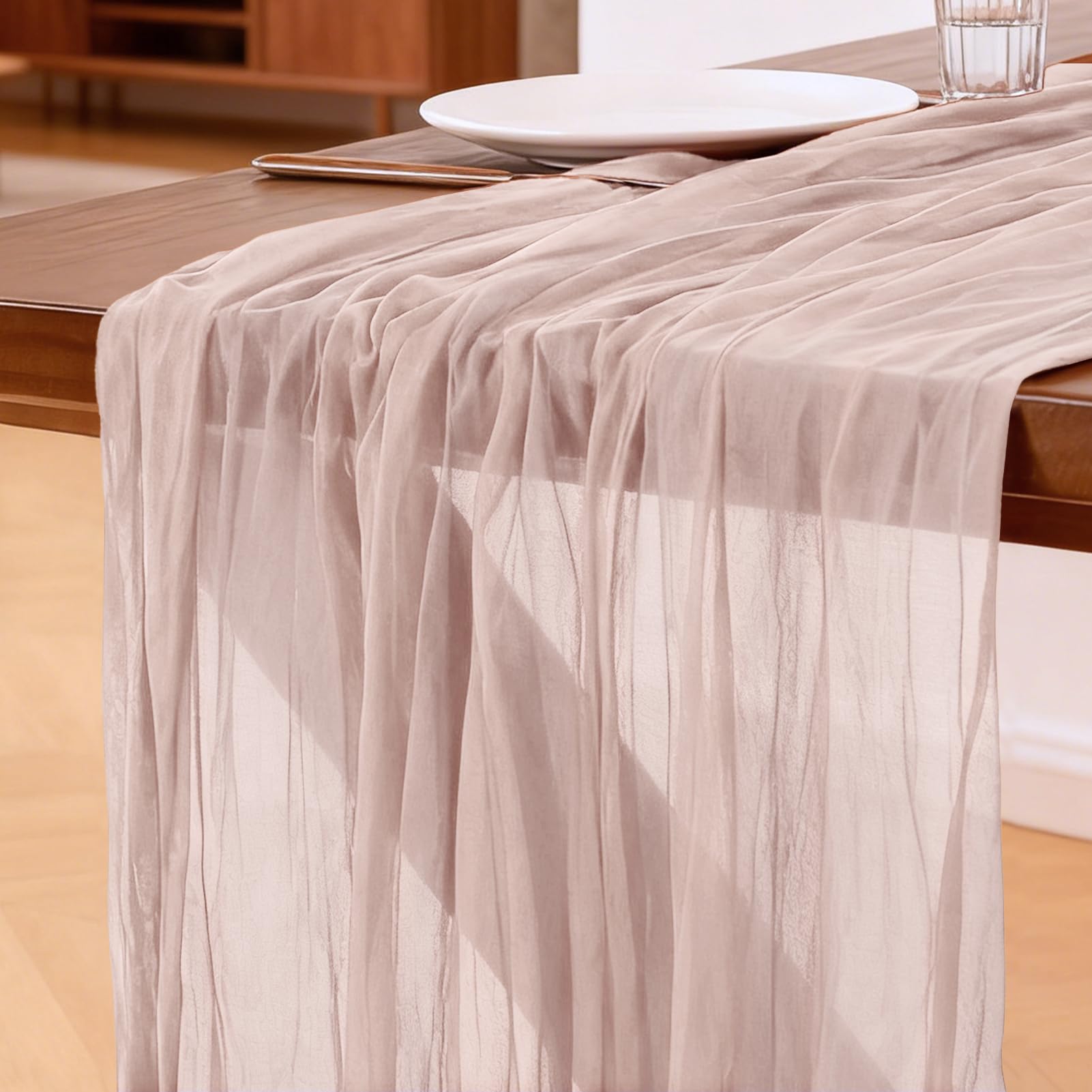Cheesecloth Table Runner Light Dusty Pink, 300 x 90 CM Table Runner Bohemian-style Gauze Rustic Gauze Fabric Tablecloth for Wedding, Parties, Christmas and New Year's Eve Table Decoration