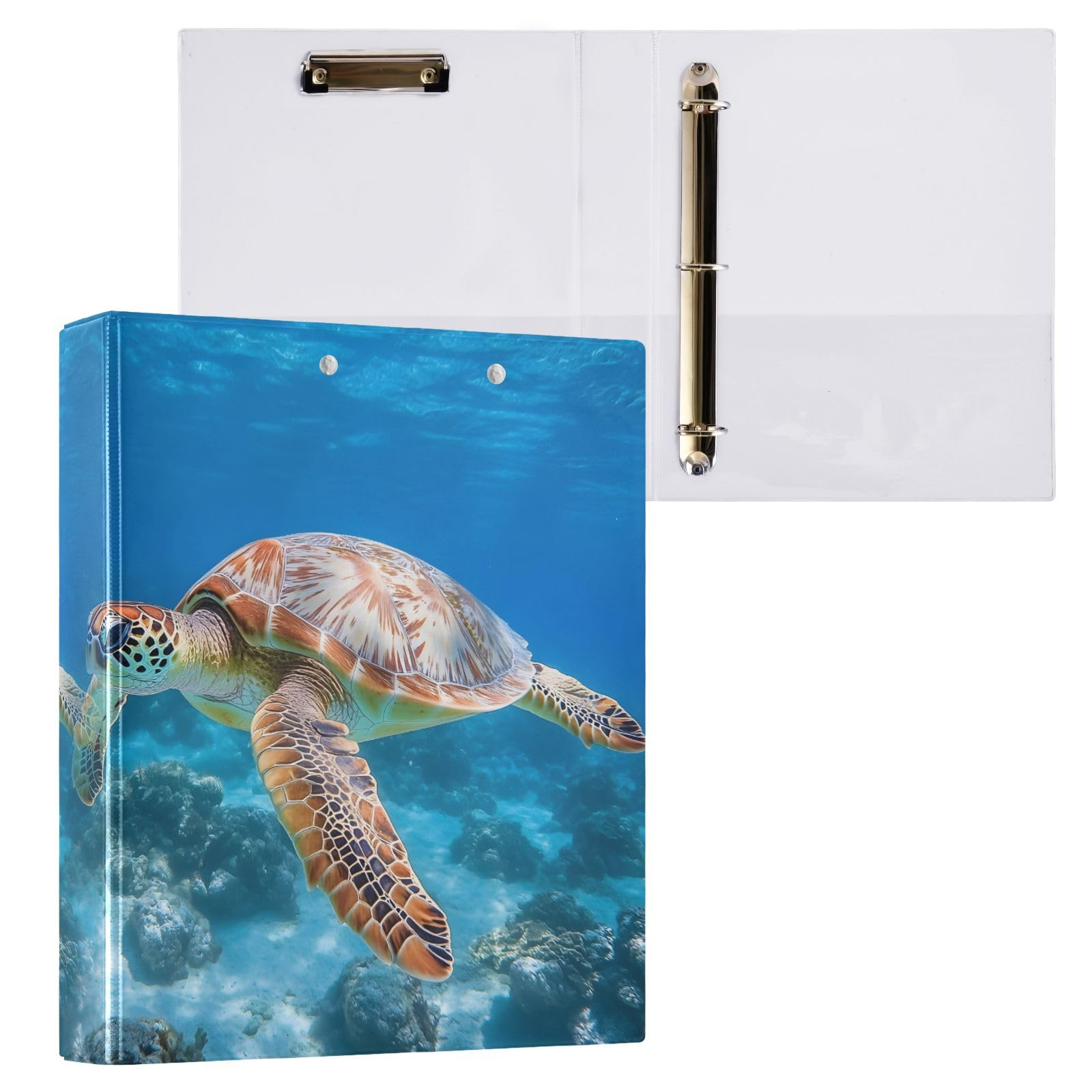 Raccoglitore a 3 anelli con tartaruga marina, 3,8 cm, contiene 200 fogli, 3 raccoglitori ad anelli con clip in metallo antiscivolo