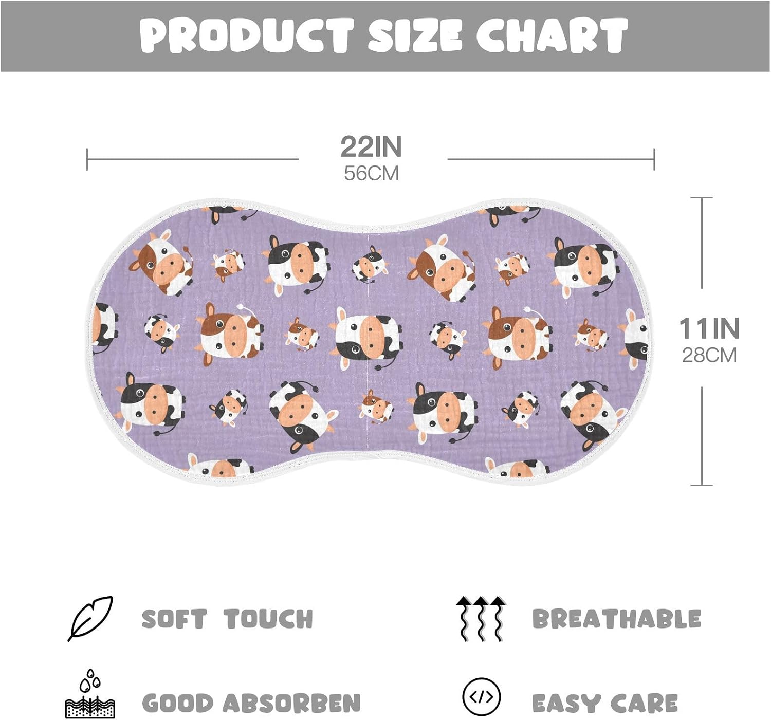 1 Pack Muslin Burp Cloths Cow Purple Cotton Baby Burp Cloths Ultra Absorbent Soft Burping Cloth Washcloths for Newborn Baby Boys Girls 22x11 Inch image 2