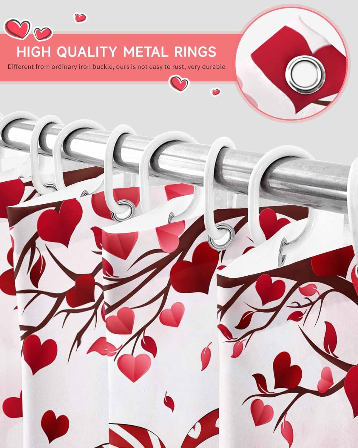 Valentines Shower Curtains for Bathroom, Pink Gnomes Shower Curtain Set with Hooks Love Heart Tree Waterproof Fabric Bathroom Curtains for Showers Bathtubs Spring Winter Bath Decoration 72x96 inch