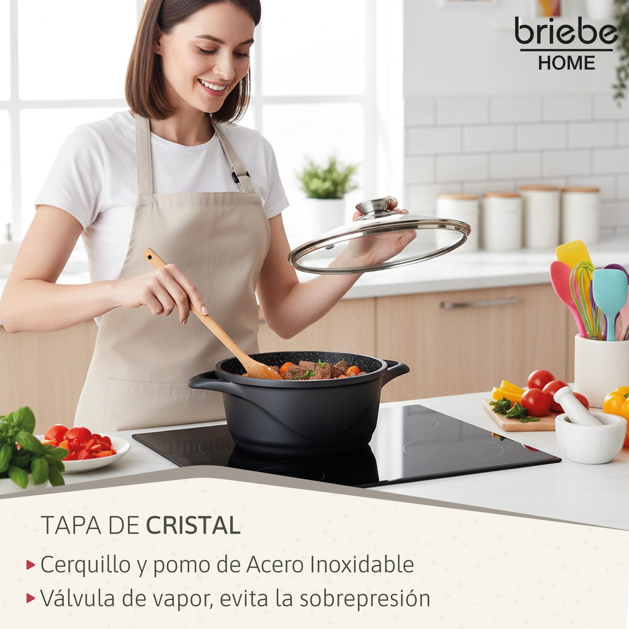 briebe Batería Cocina Inducción 8 Piezas, Juego 4 Ollas Aluminio Fundido, Antiadherente ILAG GRANITEC sin PFOA, Set Cazuelas Tapas Cristal, Guantes Silicona, Vitrocerámica, Gas, Horno, MGK-12