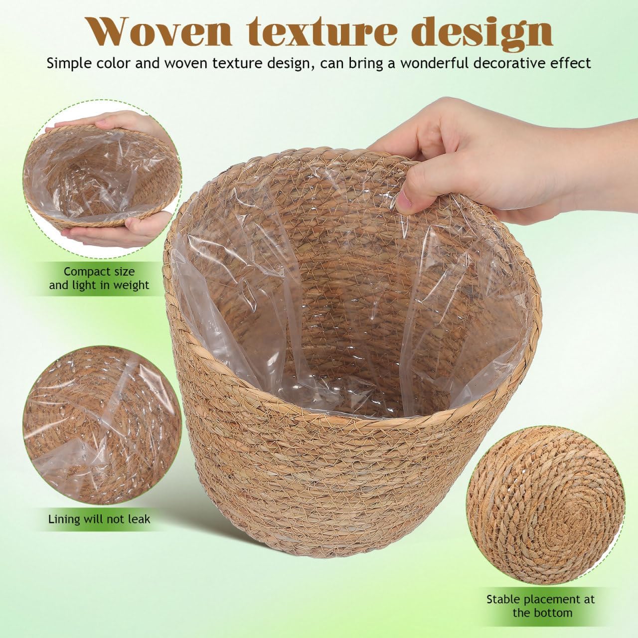 Healifty Woven Plant Baskets with Liner: 2Pcs Round Wicker Seagrass Planter Pots Rattan Straw Baskets Covers for Indoor Outdoor Flower Plants Rustic Home Farmhouse Garden Decor 9.05 X 9.05 X 6.49''