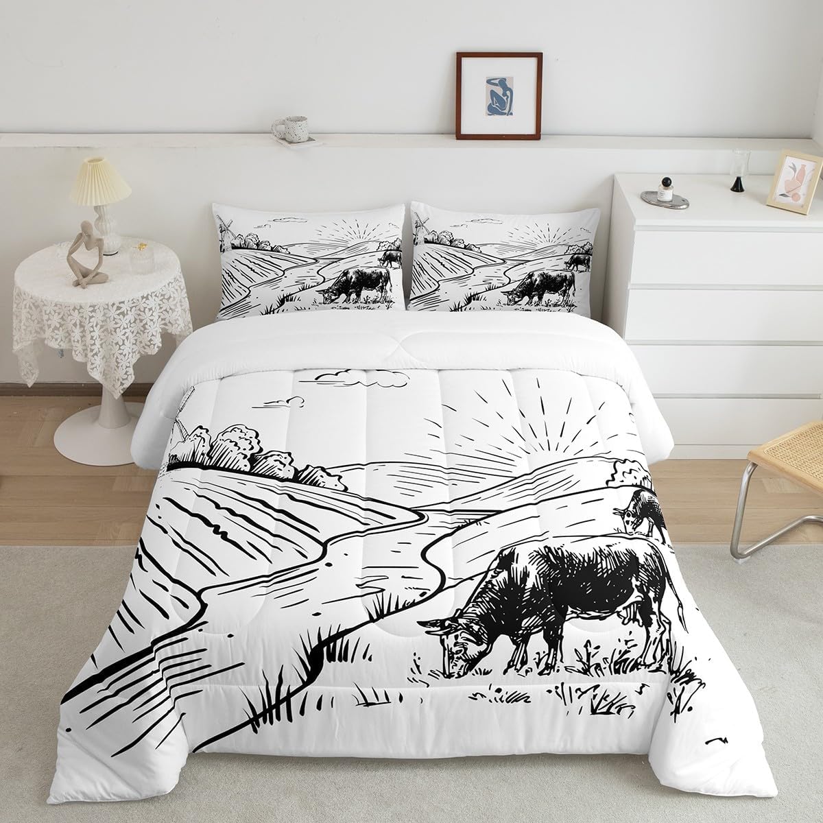 Western Cowboy Comforter Set King,Rustic Farmhouse Cowboy Bedding Set,Galloping Horse Duvet Insert,American Wild West Desert Down Comforter,Watercolor Oil Painting Farm Cactus Duvet Insert,3 Piece