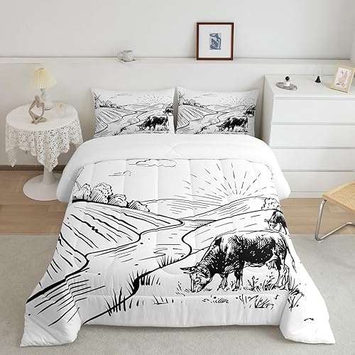 Miniatura 9 de Highland Gattle Queen - Juego de edredón con estampado de vaca marrón para niños y niñas, edredón de girasol de piel de vaca occidental, relleno de