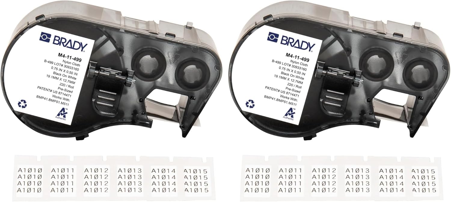 Brady Authentic (M4-11-499) Aggressive Adhesive Multi-Purpose Nylon Labels 0.5" H x 0.75" W Black on White, 220 Labels. for use with The BMP41, BMP51, and M511 Label Printers