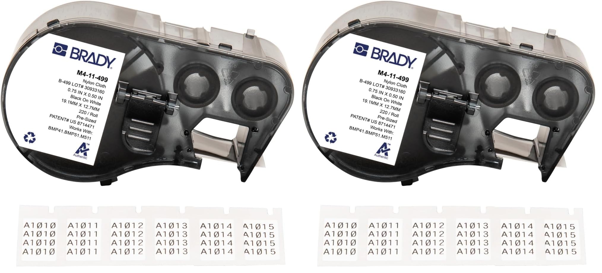 Brady Authentic (M4-11-499) Aggressive Adhesive Multi-Purpose Nylon Labels 0.5" H x 0.75" W Black on White, 220 Labels. for use with The BMP41, BMP51, and M511 Label Printers (Pack of 2)