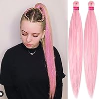Vista 24 de Extensiones de cabello para trenzar preestiradas rosa con oropel de 26 pulgadas - 3 paquetes de trenzas sintéticas profesionales de ganchillo