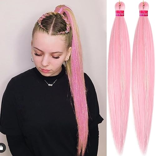 Miniatura 24 de Extensiones de cabello para trenzar preestiradas rosa con oropel de 26 pulgadas - 3 paquetes de trenzas sintéticas profesionales de ganchillo
