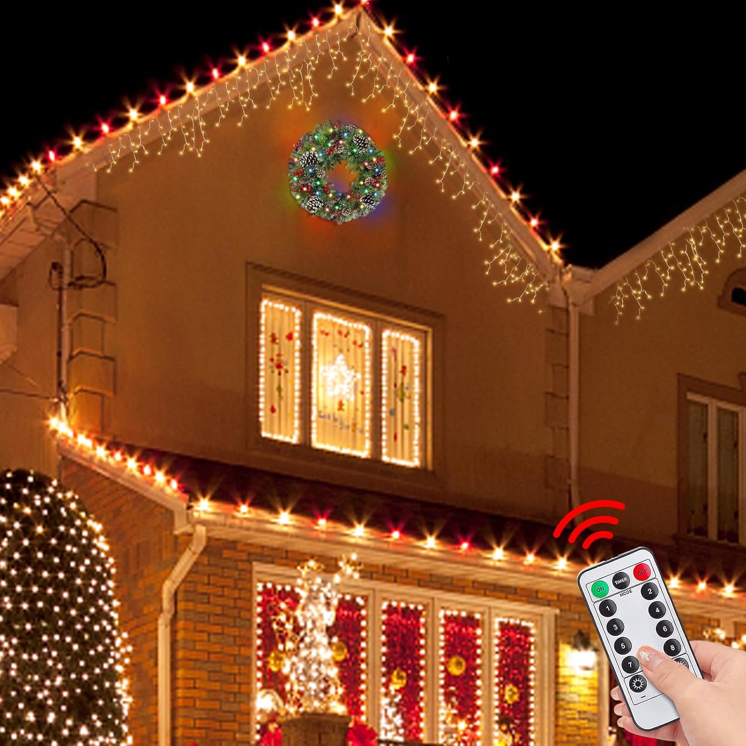 Remote Control - 26 Inch Super Large Thick Prelit Christmas Wreath Realistic-Feel 80 Warm White & Colorful Lights Timer 8 Mode Double Frame 268 Branches 8 Pinecone 40 Red Berry Xmas Decor Outdoor