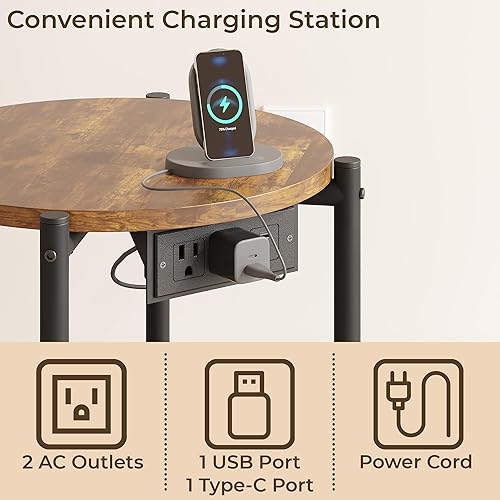 Miniatura 5 de LIKIMIO Mesas auxiliares redondas, mesas auxiliares redondas pequeñas de 16 pulgadas de ancho con estación de carga, mesitas de noche modernas de 2