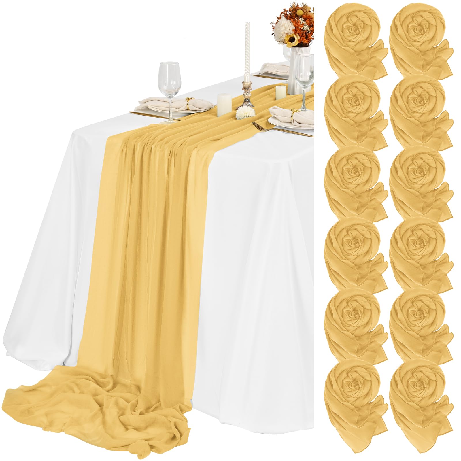Teruntrue 12 Pack Gold Cheesecloth Table Runner 55x300 cm New Natural Soft Look Boho Gauze Cheese Cloth Table Runner for Wedding Party Baby Bridal Shower Birthday Decorations — image 1