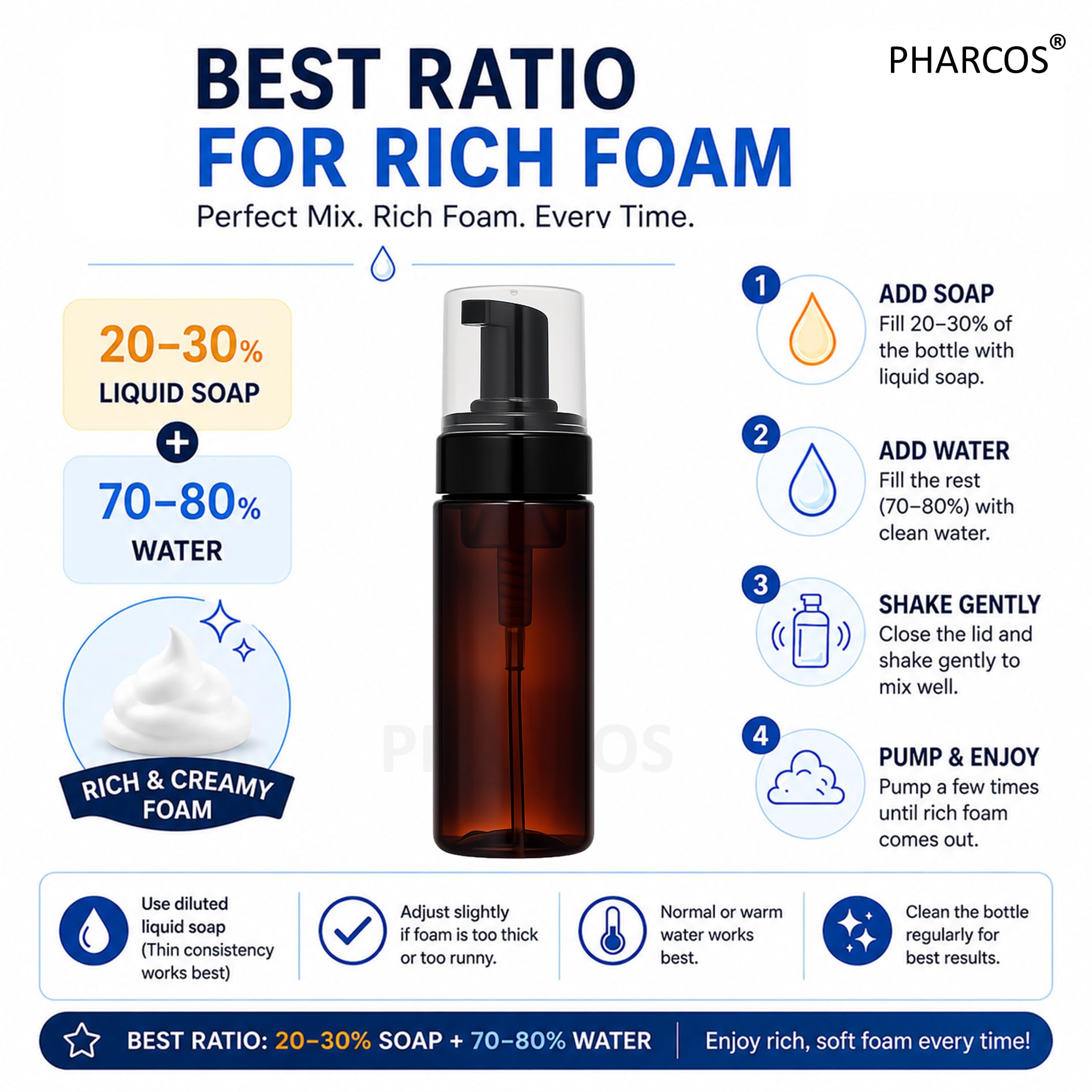 Pharcos Foaming Dispenser Bottle, Refillable Empty Pump Container for Liquid Soap, Face Wash, Shower Gel, Shampoo | BPA & Leak Free, Travel-Friendly - 100 ml (Amber & Black, Pack of 1) 3