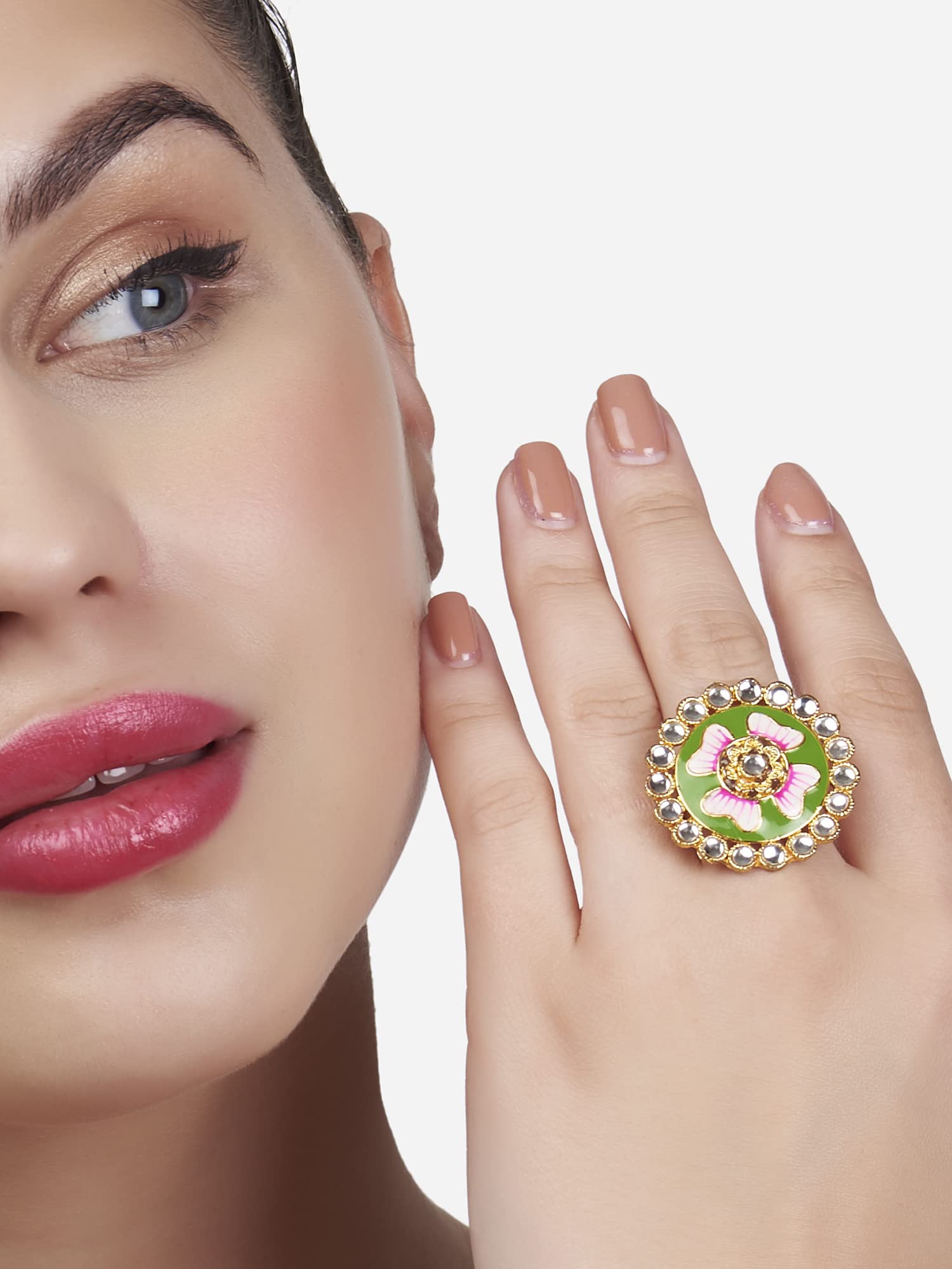 Meenakari Flower Kundan Adjustable Ring For Women