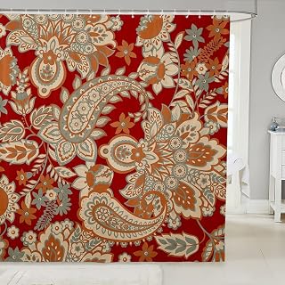 Paisley Bath Curtain Kids Bohemian Exotic Style Shower Curtain Boho Paisley Print Bathroom Shower Curtain Set for Room Indian Style Red Yellow Kids Bathroom Accessories 72"x72"
