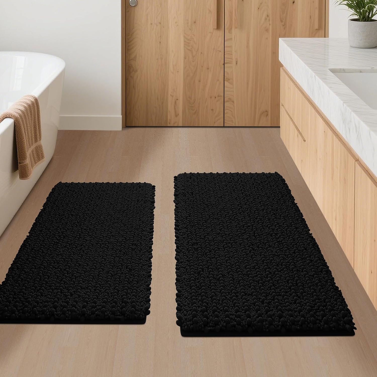 SIMILAR TO STOCK PHOTO ACCUMTEK Upgrade Luxury 2 Piece Black Toilet Bathroom Rug Mat 32\"x20\"+24\"x17\", Ultra Soft Thick Absorbent Bath Mats, Non Slip Chenille Toilet Mat for Bathroom, Bedroom, Kitchen, Shower, Tub 2'8\"x1'8\"+2'x1'5\" Black