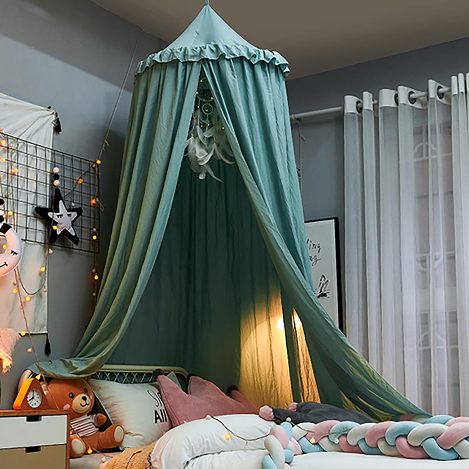 HggTjj Extra Large Kids Bed Canopy for Girls Boys Bedroom Decor, Crib Canopy Nursery Canopy Hanging Canopy Blocking Light Canopy Reading Nook Canopy (Ruffle Green)