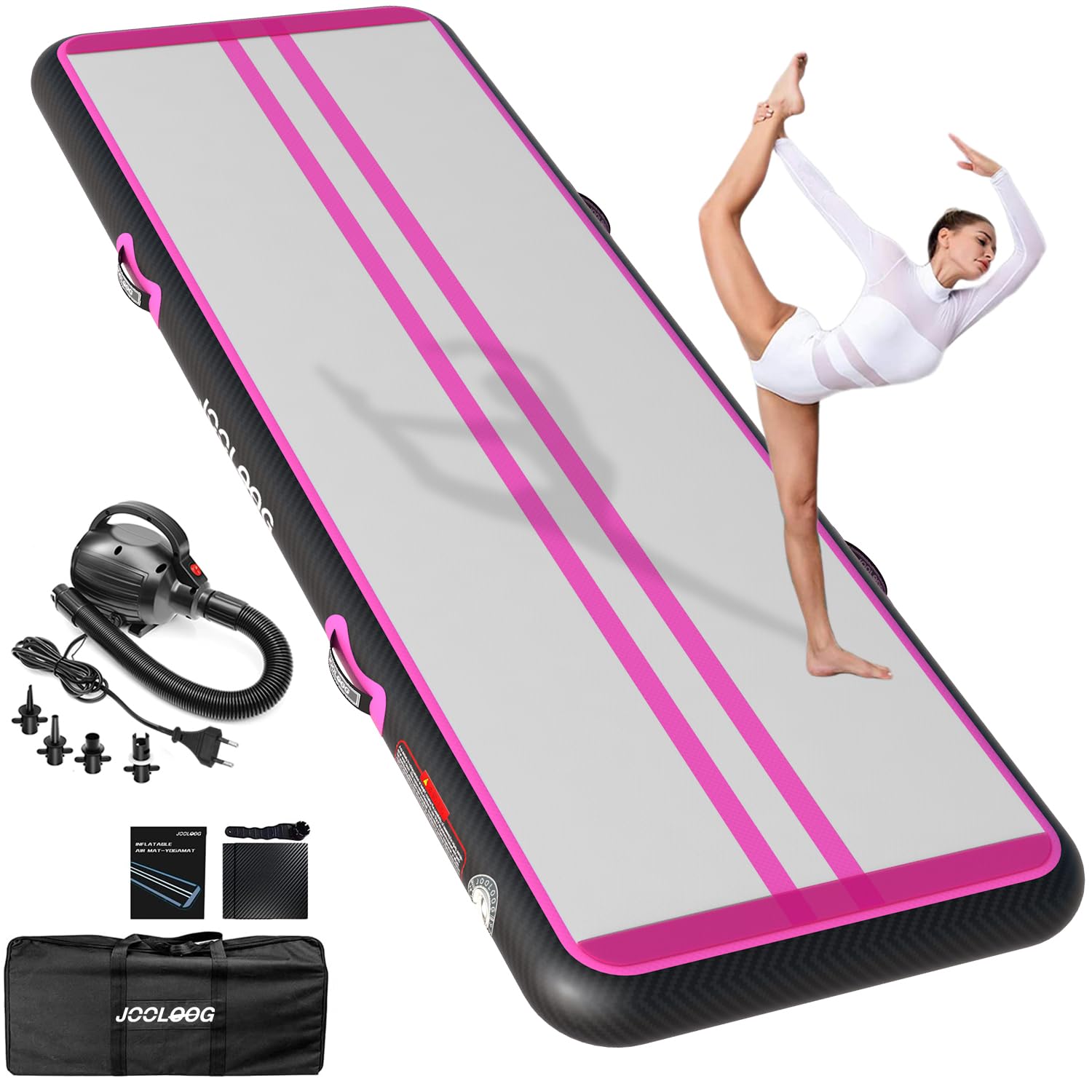 Tapis de gymnastique gonflable de 2 m, 2 m, 3 m, 4 m, 5 m, 6 m avec pompe à air électrique de 650 W pour tapis de culbute, tapis de 10.20 cm d'épaisseur pour usage domestique, plage, parc