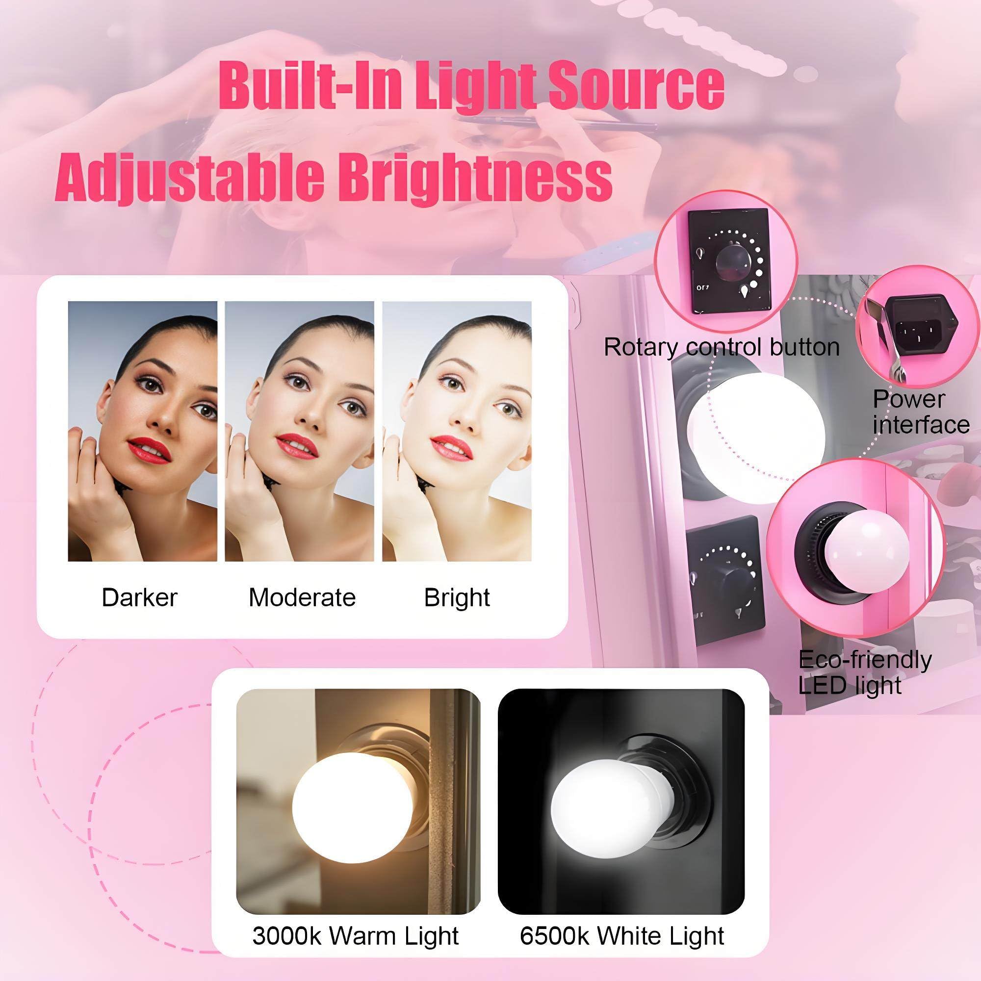 Tavolo da Trucco Professionale con Ruote, Portatile, Pieghevole, Supporto Nascosto e Ruote, Valigetta per Il Trucco Multifunzionale, Adatta a Truccatori Ed Estetiste, con Luce LED Pink
