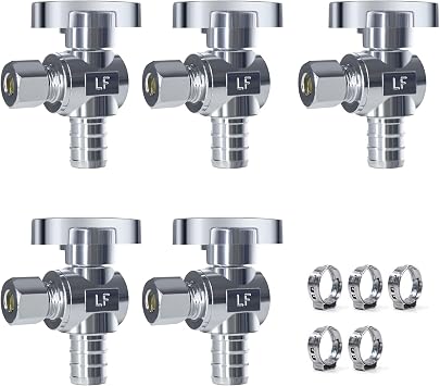 VINTEX 5 Pack 1/2 Inch Pex x 3/8 Inch Od Angle Pex Valve,Water Shut Off Valve,Quarter Turn Crimp Fittings Angle Stop Valve,Chrome Plated Brass,CPVC