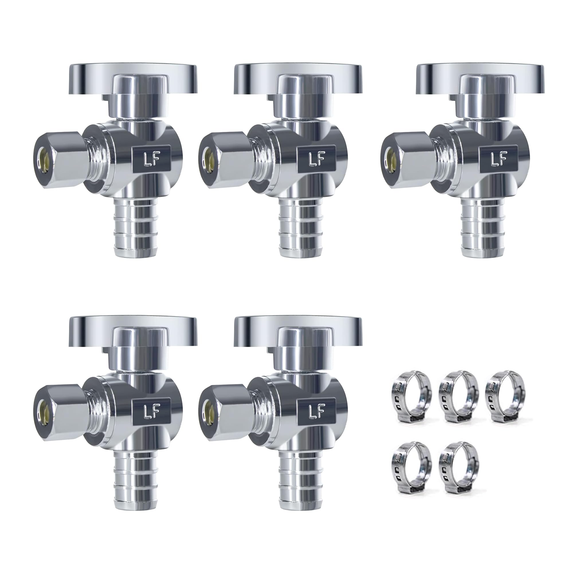 VINTEX Valvola di arresto angolare Confezione da 5, PEX Valvola di arresto angolare 1/2" Pex x 3/8" OD Compressione, ottone cromato