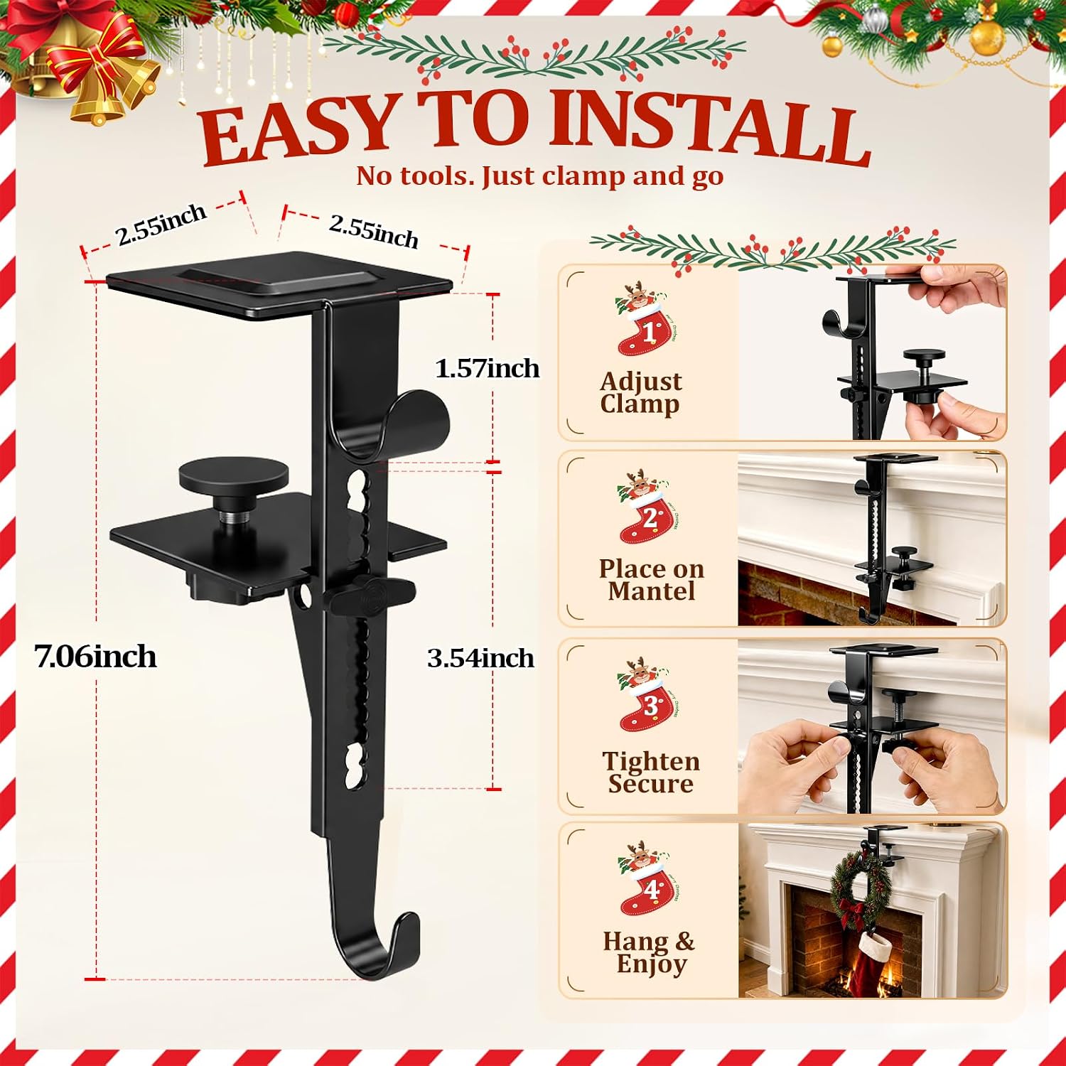 6Pcs Christmas Fireplace Stocking and Garland Hanger Fits 0.87-4.1" Mantle