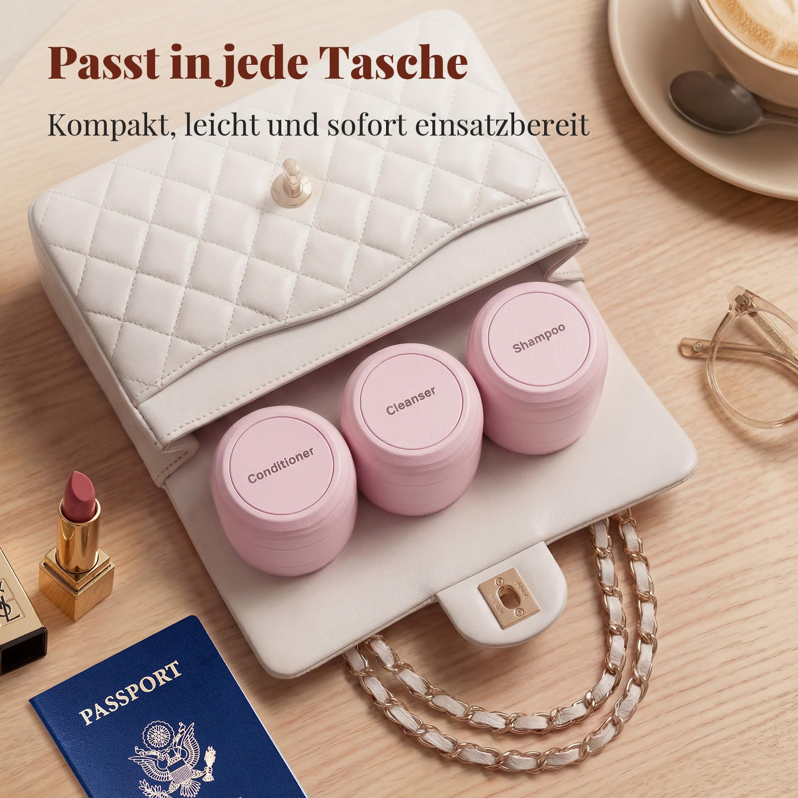 Reise-Toilettenbehälter auslaufsicher, TSA-zugelassene Reisebehälter aus PLA mit 5 magnetischen Etiketten, Weithals-Design, Rosa, 3er Set, 60 ml