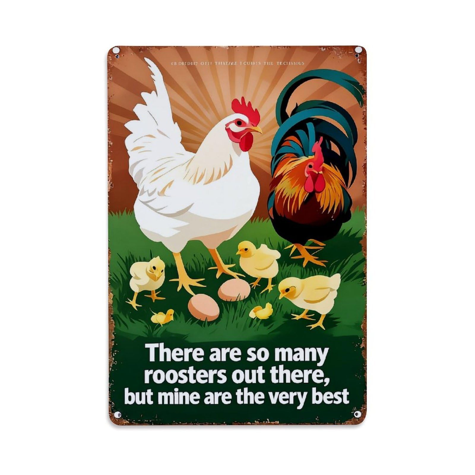 Nestemfo Vintage Rooster Hen Chicks Eggs Grass Tin Sign Metal Sign, Living Room,Bar, Home, Bedroom Wall Decor,Retro Metal Poster 8X12 Inches
