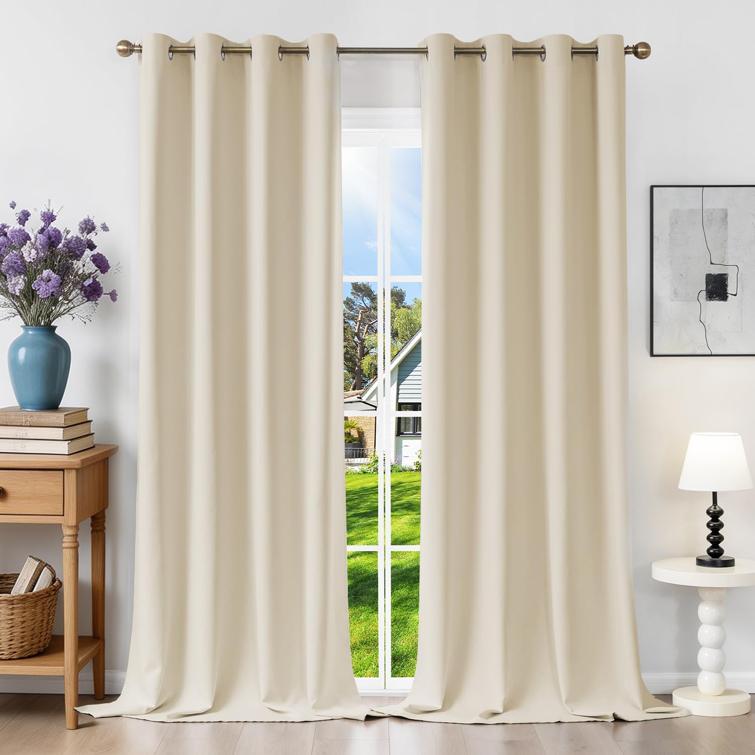 Runyéla Blackout Curtains for Bedroom Eyelet 46 x 90 Inch Drop Thermal Black Out Curtain for Living Room, 2 Panels, Light Beige
