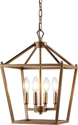 JONATHAN Y Pagoda 4-Light Pendant 12" Cage, Antique Gold | Traditional Metal Farmhouse Hanging…