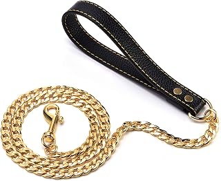 4ft Fully Welded Gold Dog Leash with Leather Handle,18K Gold Dog Chain,Metal Dog Leash,316L Stainess Steel Strong Dog Pet Chain for Large Medium Small Dogs (4ft, Gold)