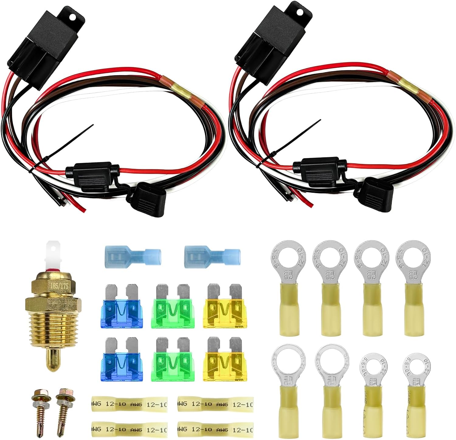 Sun Walker Dual Electric Fan Relay Kit, 12V 40 AMP Cooling Fan Relay with Thermostat Sensor Switch 185 On 175 Off, Waterproof Auto Relays Switch Wiring Kits for Radiator Electric Fans