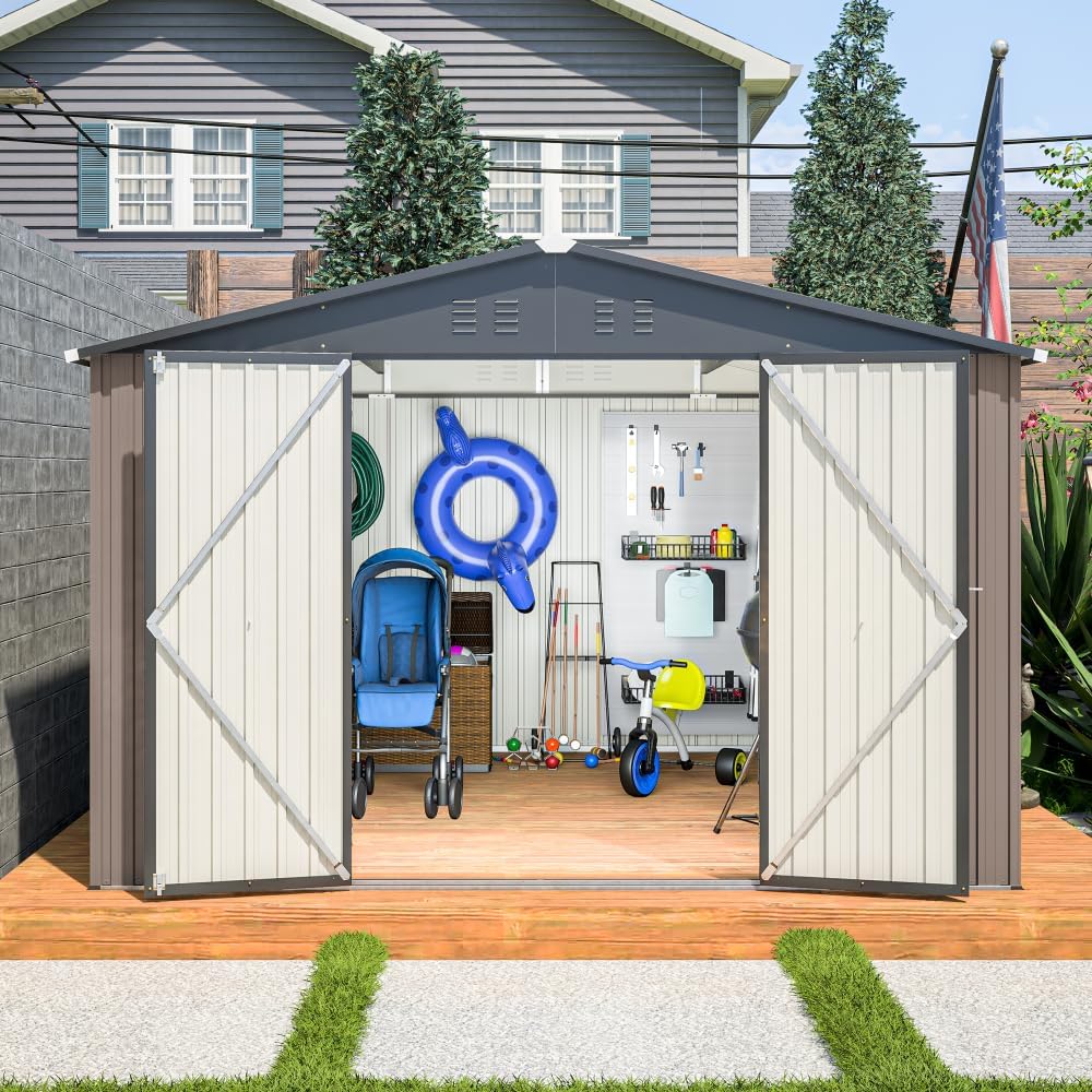 10x10 Metal Storage Shed, Outdoor Steel Utility Shed with Lockable Doors for Garden, Backyard, Patio Tool Storage