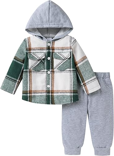 Conjunto de ropa con capucha para niños pequeños conjunto de camisa de franela a cuadros para otoño invierno y primavera Conjunto de ropa con capucha para niños pequeños conjunto de camisa de franela a cuadros para otoño invierno y primavera