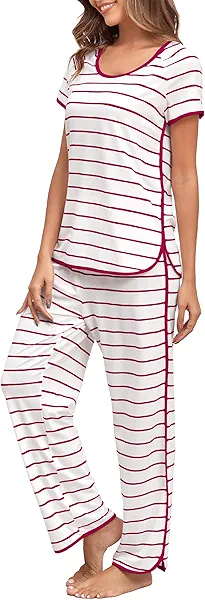 FKEEP Stripe Pajamas Set Women Two-Piece Nightwear Short Sleeve Sleepwear Soft Side Split Loungewear Pjs Sets