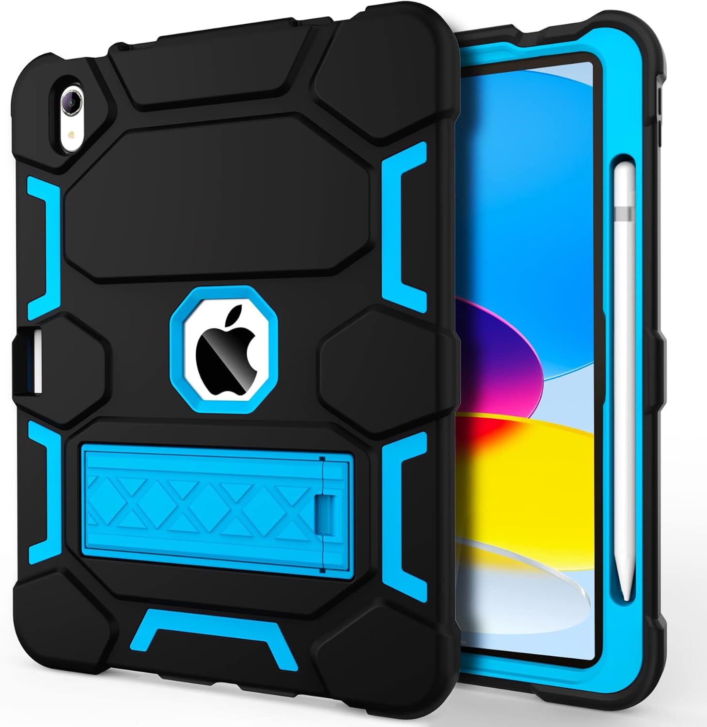 CCMAO Case for iPad (A16) 11th/10th Generation(2025/2022), iPad 10th Case with Kickstand & Pencil Holder, Heavy Duty Shockproof Hybrid Three Layer Protective Cover for Girls Women, Black+Sky Blue