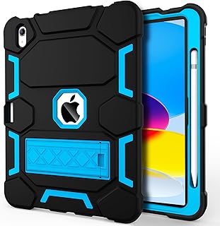 CCMAO for New iPad 10th Generation Case 10.9 Inch 2022, iPad 10 Case with Kickstand & Pencil Holder, Heavy Duty Shockproof Hybrid Three Layer Protective Cover for Kids Boys Men, Black+Blue