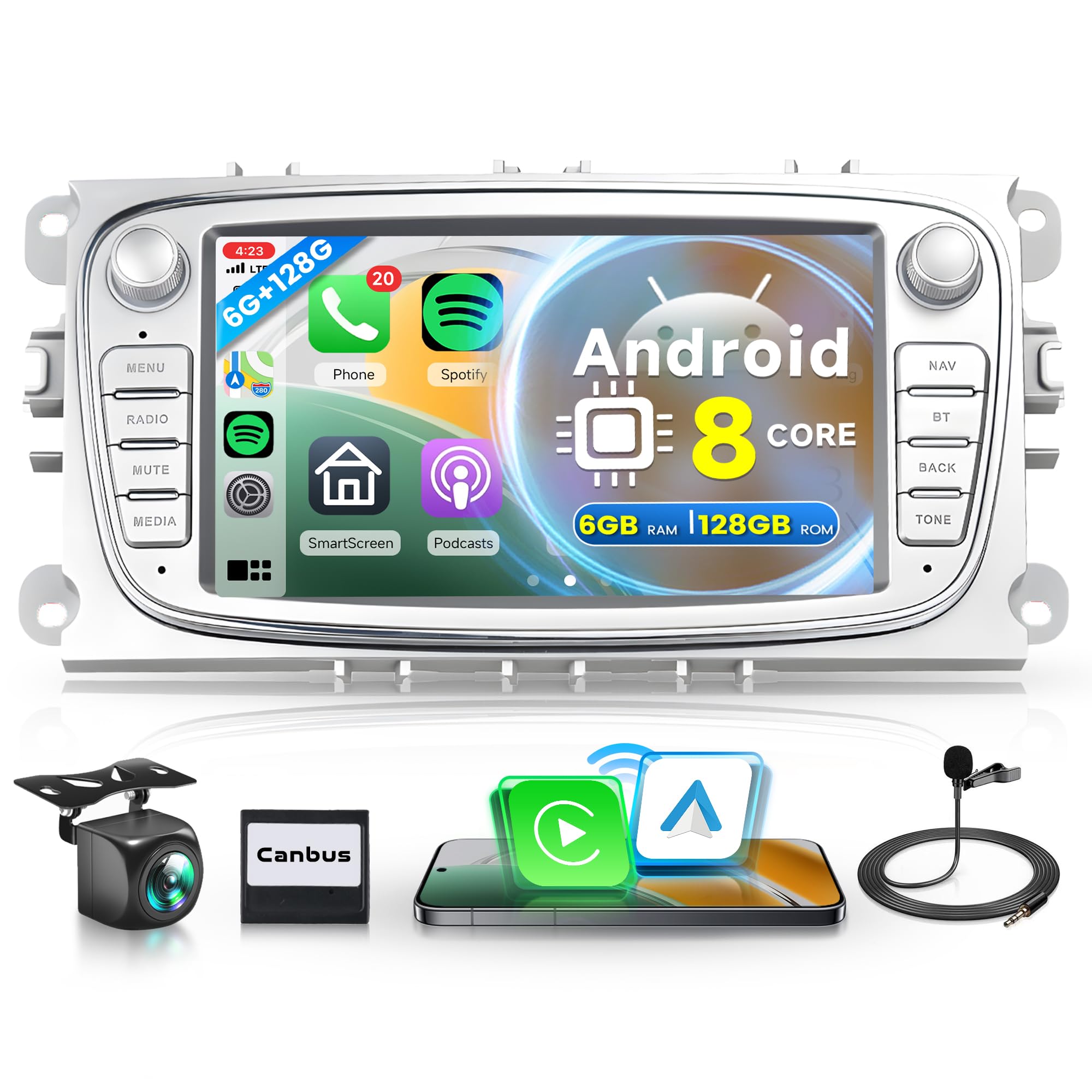 Radio Android Para Ford Focus, Mondeo, S-Max - Pantalla 7", CarPlay Inalámbrico, Android Auto, GPS Y Cámara Trasera
