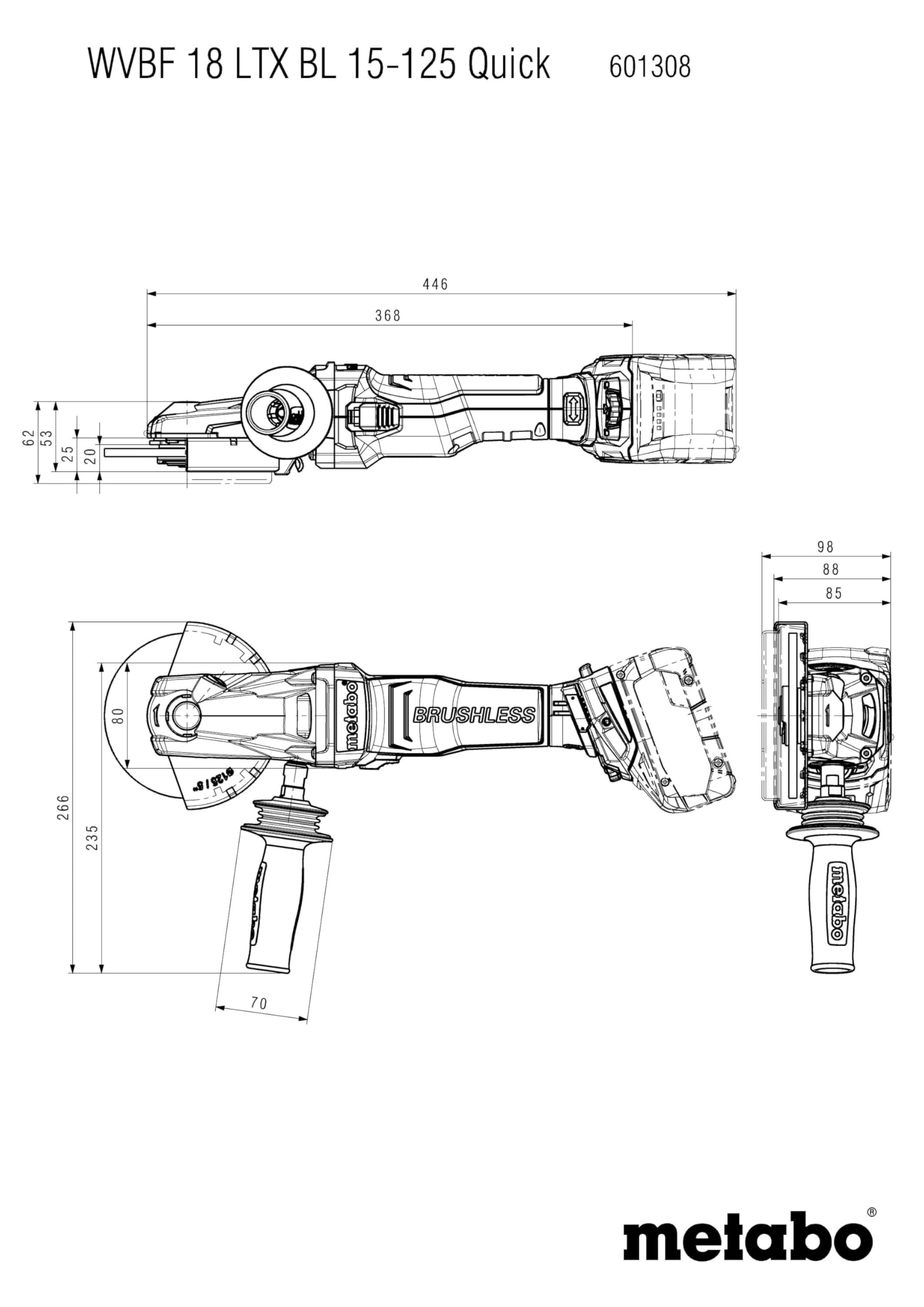 metabo WVBF 18 LTX BL 15-125 Quick, Amoladora de Cabeza Plana 18V, 125 mm | Sin batería ni cargador, motor sin escobillas 1500W, para ángulos de 43°, en metaBOX, compatible con sistema CAS de 18 V