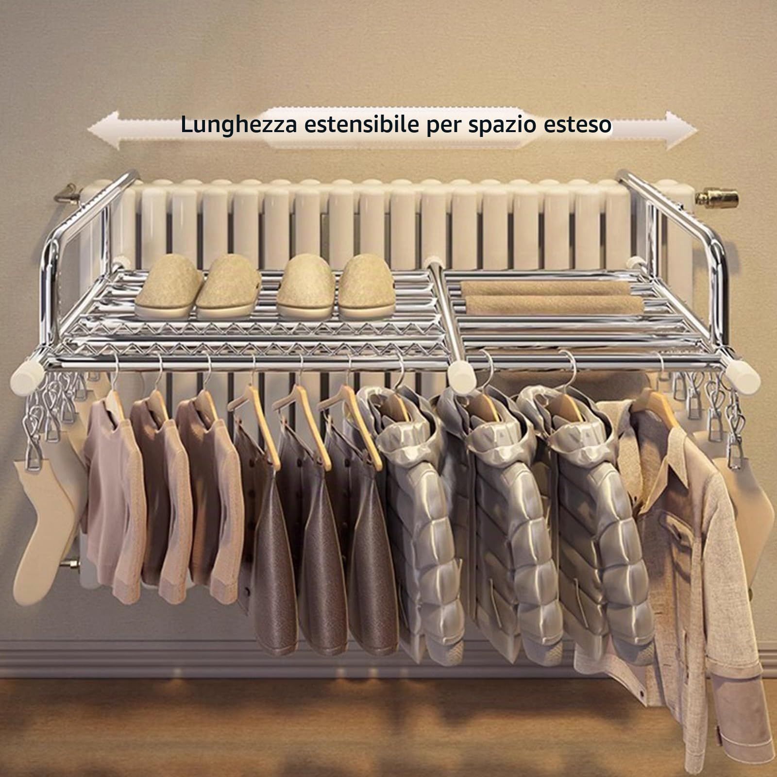 Stendino Da Termosifone, Stendibiancheria Da Balcone Da Appendere, Stendibiancheria Estensibile In Acciaio, Clip Per Calzini Autoportanti，Ripiegabile Stendino，Foro Ondulato Antivento(57-100cm)