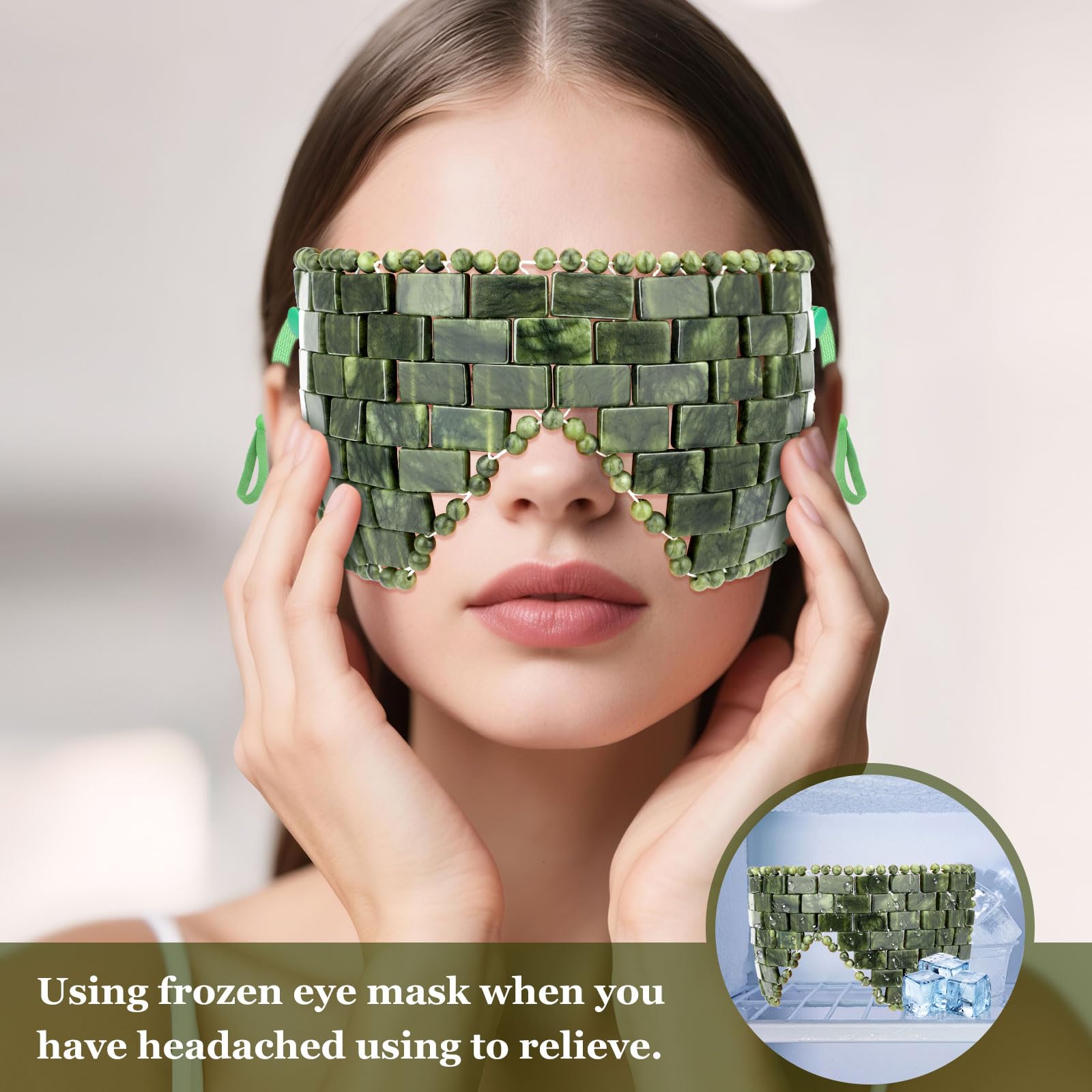 gemshan Maschera per occhi in giada con cinturino regolabile per le orecchie, 100% vera gemma naturale, maschera facciale riutilizzabile in giada per alleviare il gonfiore, impacco caldo freddo per