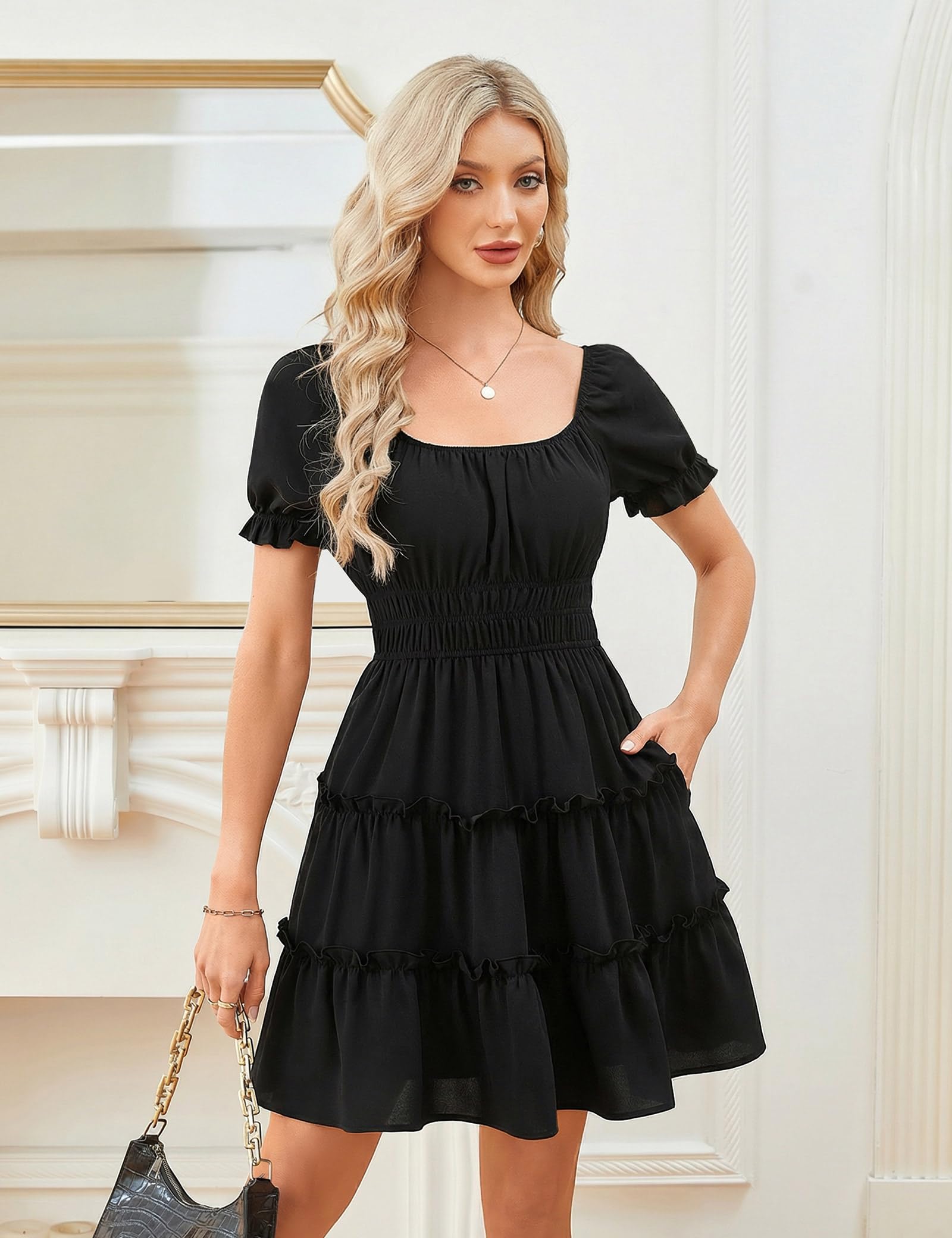 Beluring Kleider Damen Lässig Kurzarm Sommerkleid A Linie Swing Rüschensaum Minikleid (Schwarz, M)