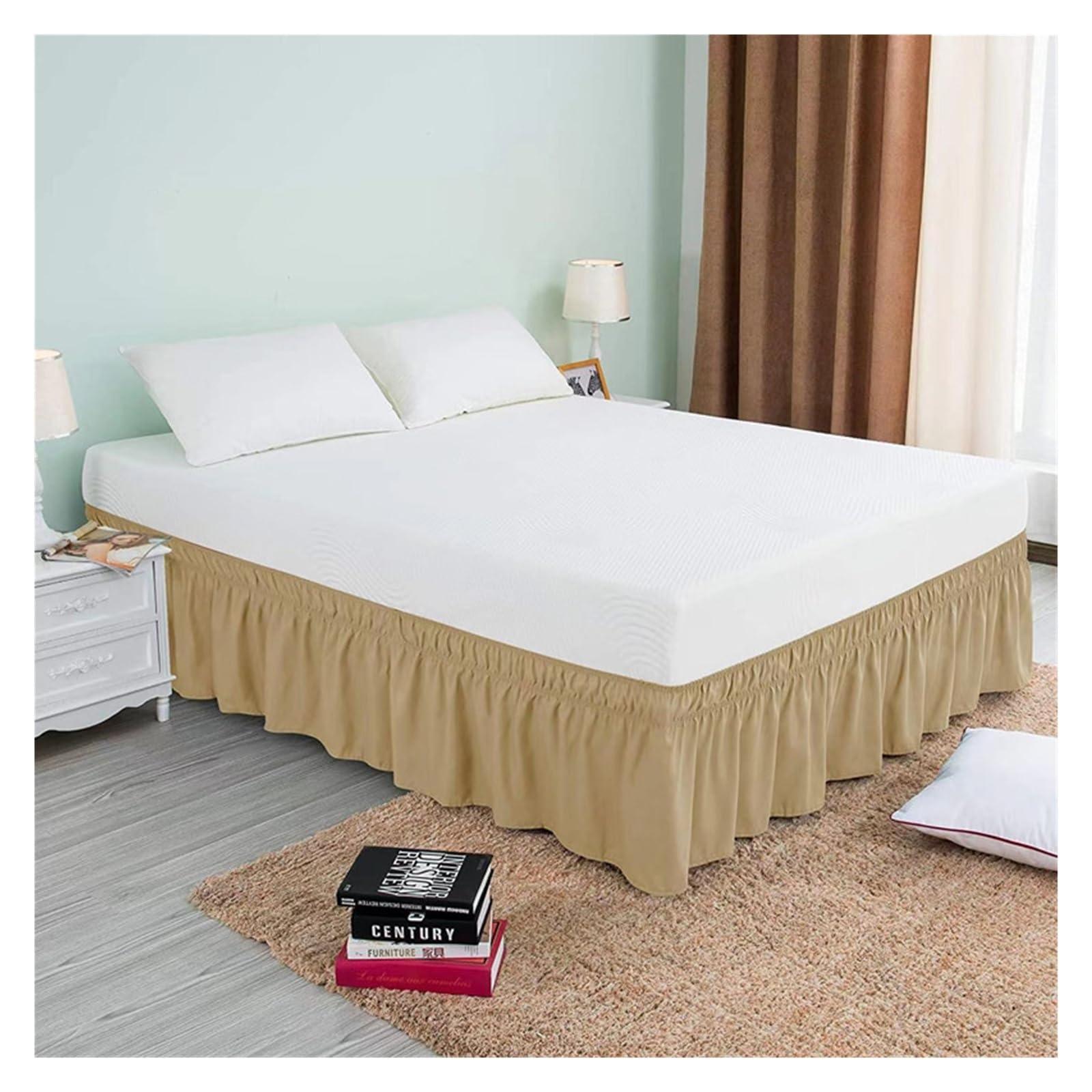 Solid Color Wrap Around Ruffled Bed Skirt with Strong Elastic -Fade Resistant Fabric 15 Inch High(Khaki,Queen 150x200x38cm)