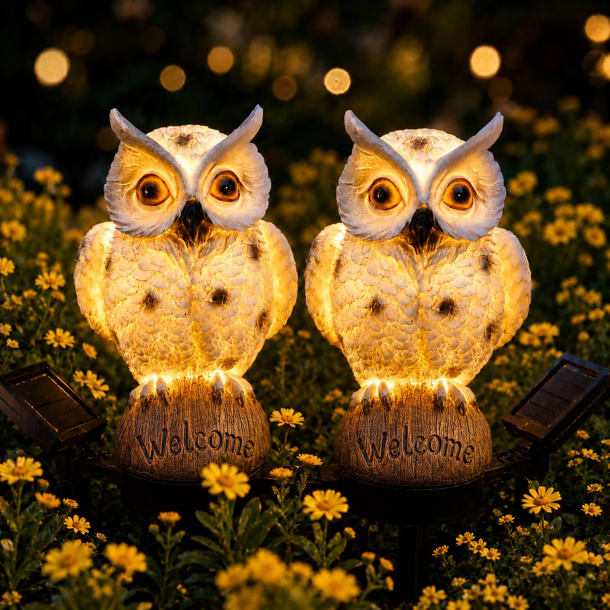 HENGYOU Solar Owl Lights - Outdoor Garden Decor, Resin Owl Figure LED Lights Waterproof for Yard, Pathway, Patio, Lawn (2PCS White)