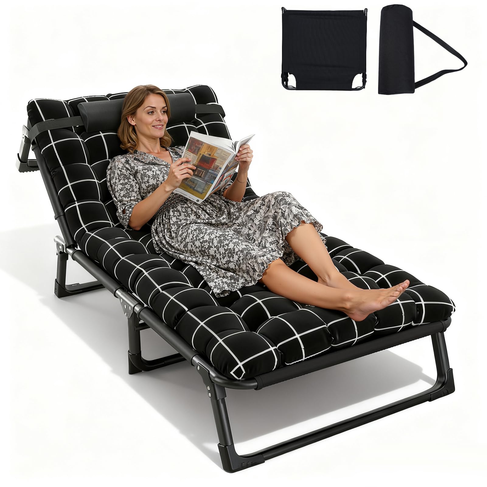 Lit Pliant 1 Personne avec Matelas en Coton Perle Faux, Lit de Camp Pliable Réglable 4 Positions pour Camping, Maison, Jardin – Cadre Acier Résistant 200kg, Compact et Portable (Noir)